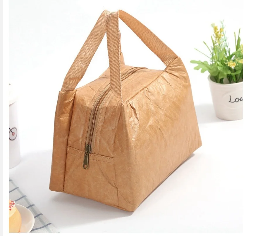 
custom logo Washable Foldable Craft Kraft Tyvek Food Thermal Lunch Insulated Reusable Cooler Bag 