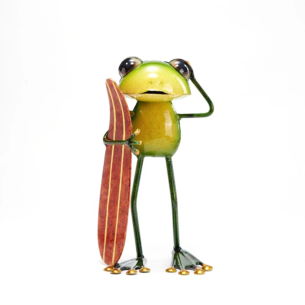 Green Sporty Frog Statue Indoor Outdoor Metal Frog Figurine with Surfboard for Frog Collector Home Garden Decoration