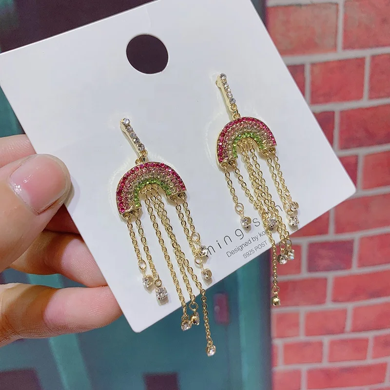 
Korean Style Cute Multi Color Crystal Rhinestone Rainbow Tassel Chain Dangle Earrings for Women Colorful Rainbow Tassel Earrings 