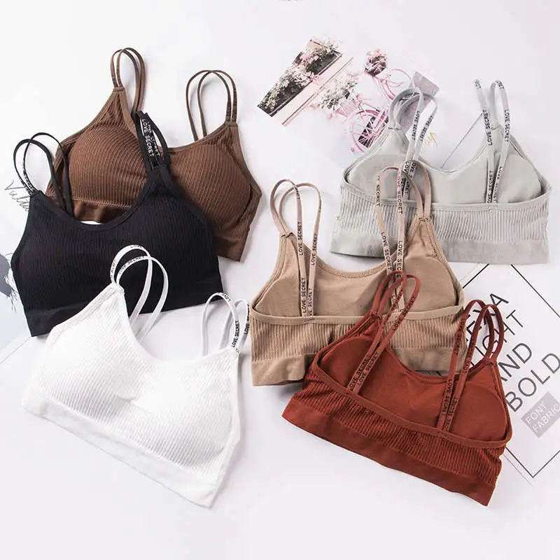 Женское нижнее белье, бесшовный красивый топ с наполнителем на груди и двойными бретелями с надписью на английском языке, женский бюстгальтер без косточек