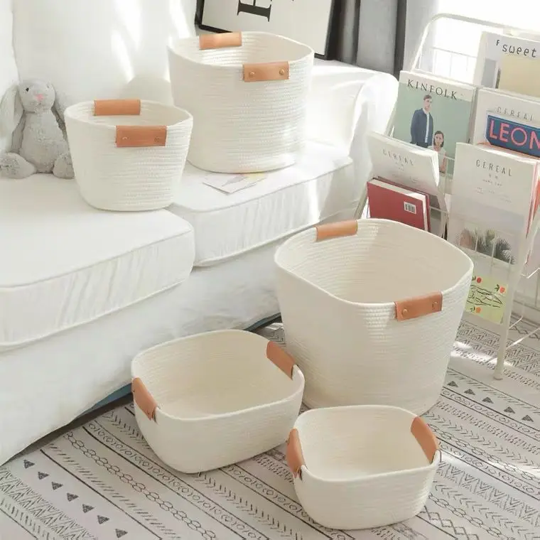 PU handles cotton rope table storage baskets for living room