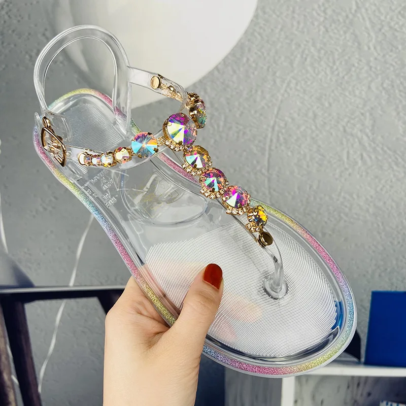 PDEP high quality 2021 summer diamond jelly sandals beach transparent PVC flat flip flop sandals girls footwear rhinestone strap