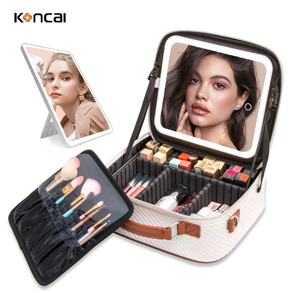 KONCAI Make Up Accessories Custom Vanity Box Organizer Beauty Makeup Case Leather Travel Cosmetic Bag with Led Mirror Light