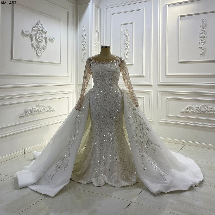 Arabic Luxury Sequin Lace Full Beading Mermaid Wedding Gown Long Sleeve 2 In 1 Bridal Wedding Dress Lscj61