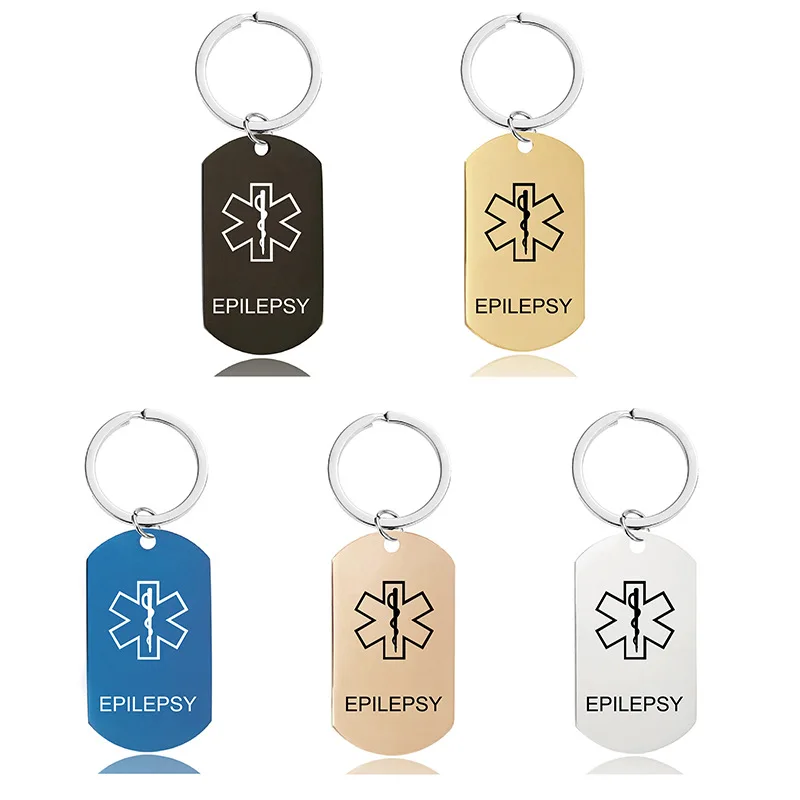 Stainless Steel Caduceus Medical Alert Symbol ID Dog Tag Type 1 Type 2 Diabetes Epilepsy Blood Thinner Awareness Key Chain
