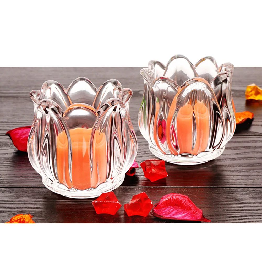Clear Glass Crystal Tulip Flower Candle Tealight Holder, Night Light Candlestick Cup for Wedding