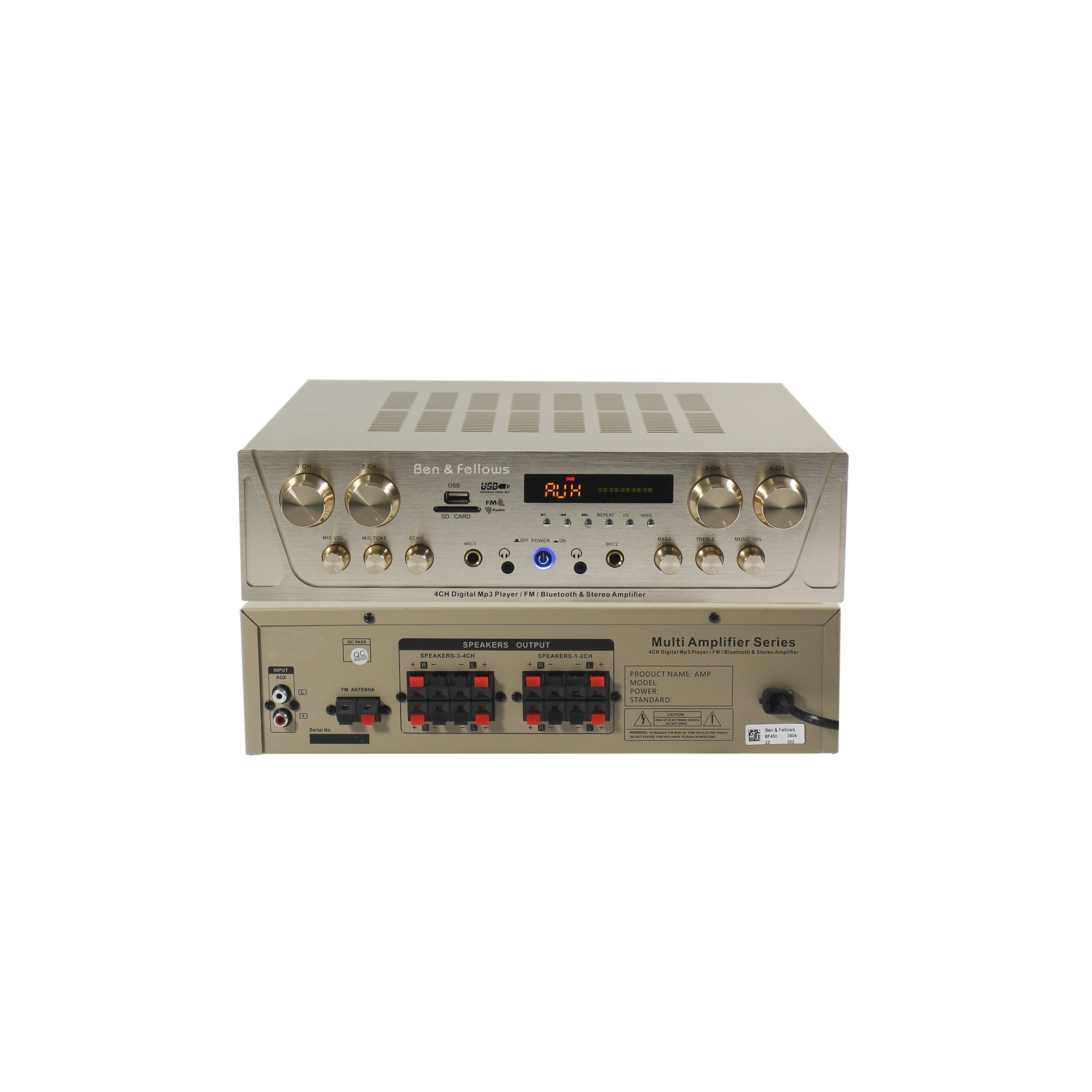 4-CH 4x80W Stereo 4-16 Ohm Bluetooth Amplifier with FM/USB/SD Card/MIC IN/Earphone OUT