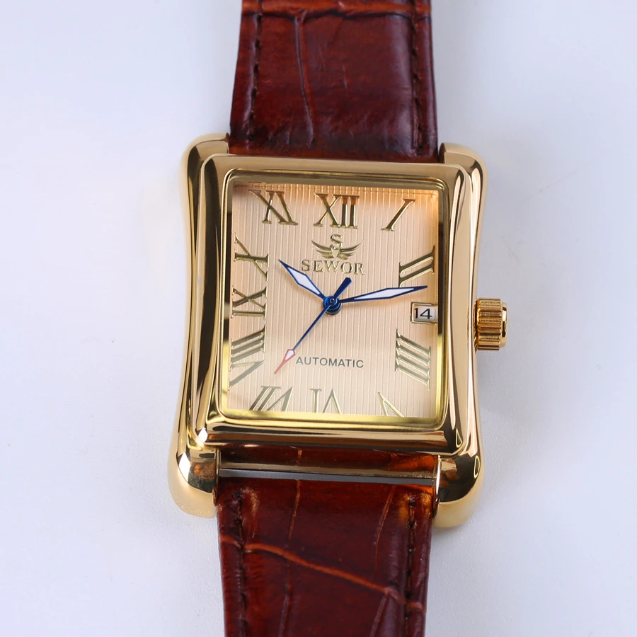 New SEWOR 741  Rectangular Men Watches Automatic Mechanical Watch Roman Display Antique Clock
