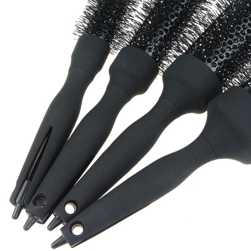 Custom Logo Black Aluminum Tube Round Hair Brush For Ceramic Curly Hair Detangling Hair Ionic Care Professional Barber Salon