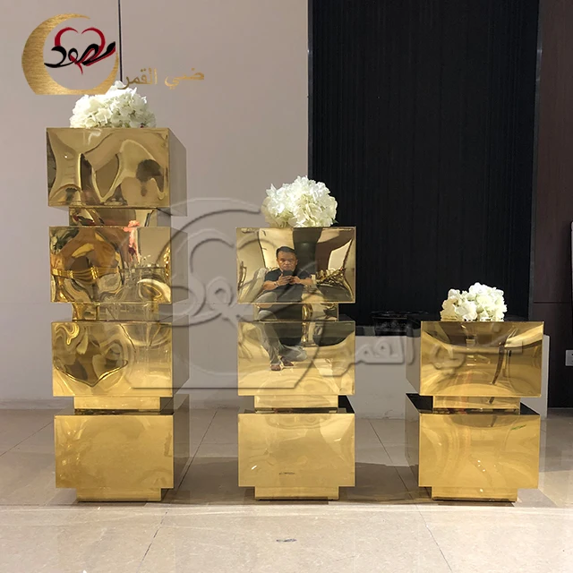 WEdding decor stainless steel cube design flower stand cylinder gold pedestal