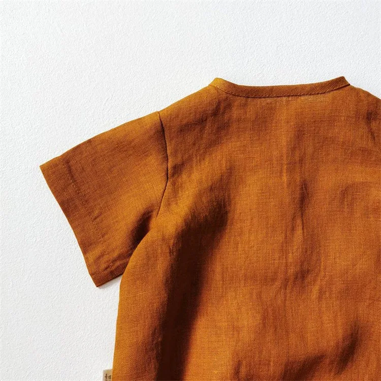 Summer blast linen comfortable breathable Kids Jumpsuit triangle bag butt button neck short sleeve  baby romper