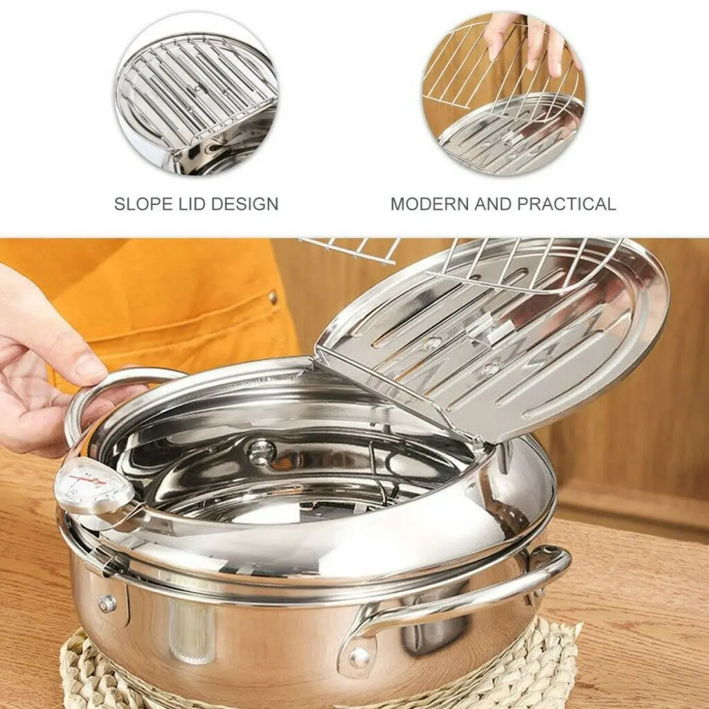 304 Stainless Steel Tempura Deep Fryer Pot With Thermometer And Oil Drip Rack Lid For Chicken Fries Fish Shrimp Oil Frying Pan
