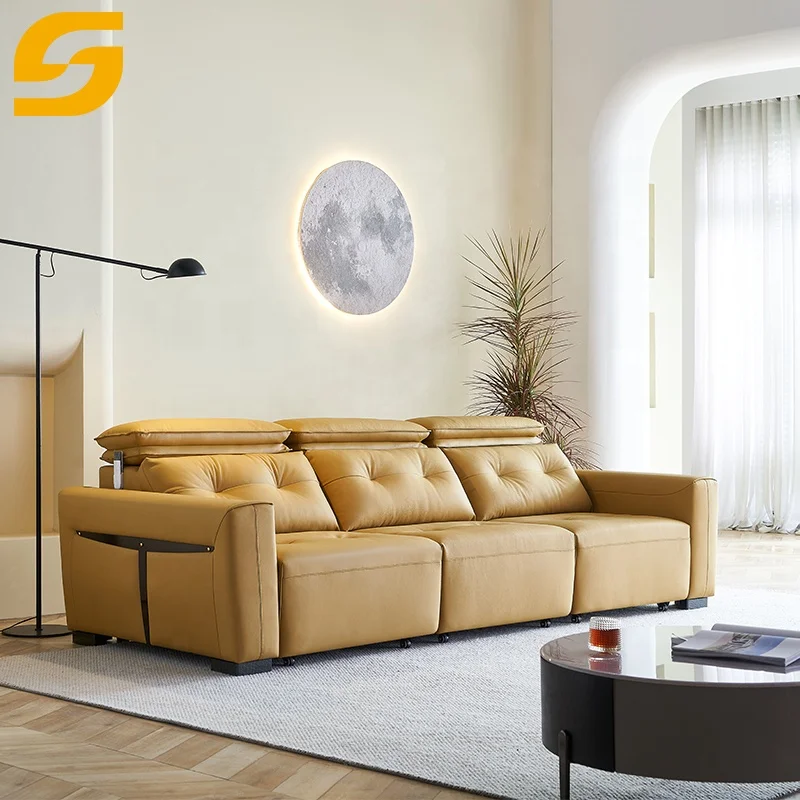 Foshan Sunlink Furniture Factory Wholesale Custom Adjustable Headrest Function 3 Seater Leather Electric Recliner Sofa Bed