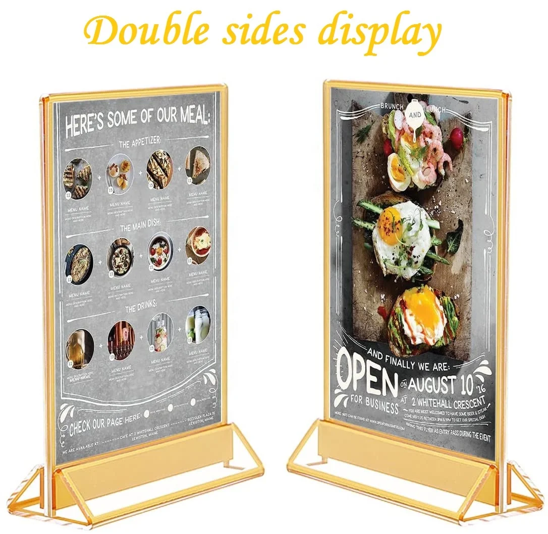 T shape 8.5*11 double sided gold acrylic sign holder menu display stand wedding table number holder