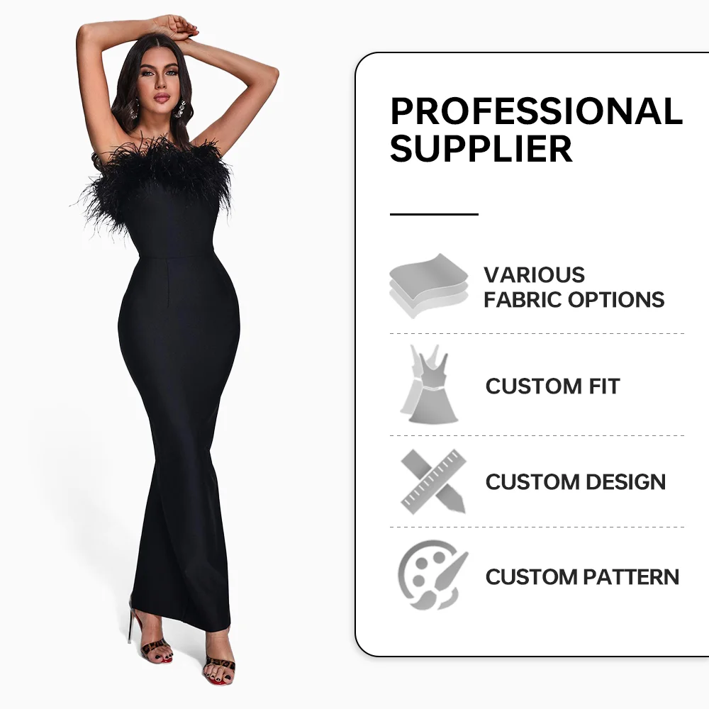 BEISHI Women Off Shoulder Bandage Bodycon Special Occassion Feathered Black Evening Formal Maxi Dress With Feathers
