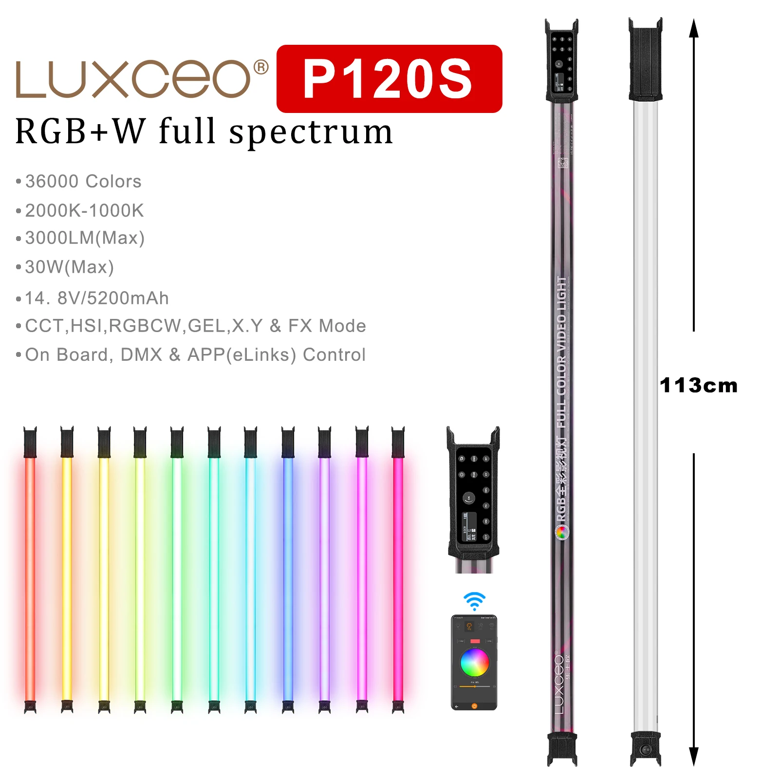 LUXCEO P120S 30W App DMX Control Video Shoot Film Making Music Mode RGB Full Color 2000K 10000K 3000LM LED Tube Light
