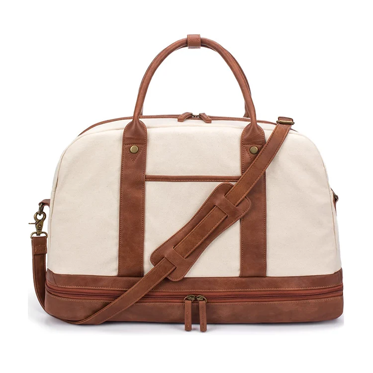 OEM Custom Logo Luxury Leather Duffle Bag For Women Canvas Overnight Holiday Luggage Travel Weekender Tote Bag