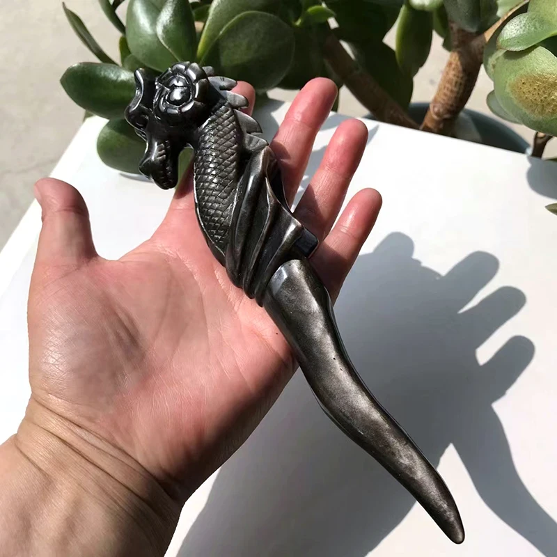 Western Magical Obsidian Handcarved Sea Horse Wand Healing Crystals Rose Quartz Magic Wand