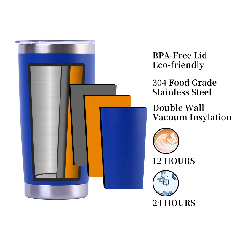 Customized 20 oz Powder Coated Stainless Steel Double Walled Tumbler Vacuum Coffee Mug With Seal Slide Lid And Straw