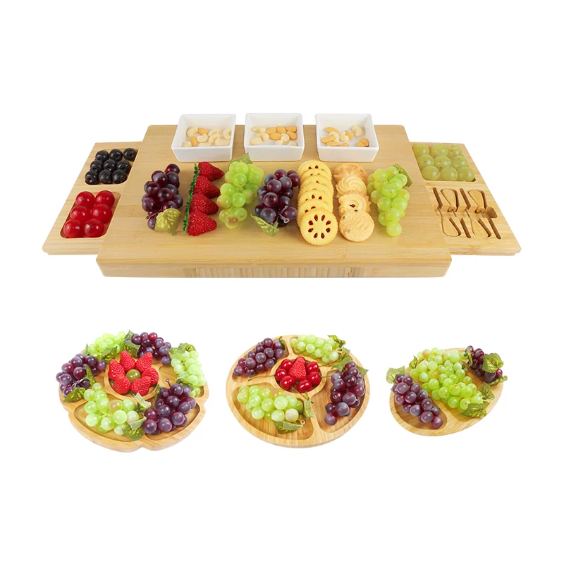 Bamboo Cheese Board Wooden Three Ceramic Bowls Three Magnet Drawers Serving Platter Cutlery Server Knife Set