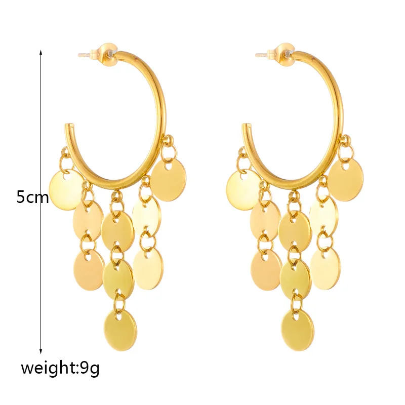 Vintage Stainless Steel 18k Gold Plated Geometric Chandelier Round Disk Tassel Dangle Earrings for Women