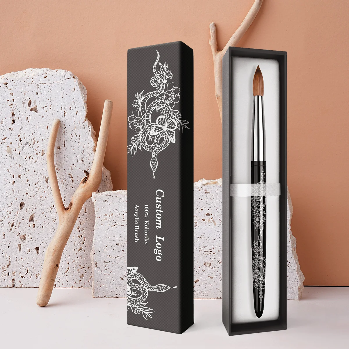 2025 Professional Art Acrylic Nail Brush Custom Snake Black Metal Handle Acrylic Nail Brush 100 % Kolinsky