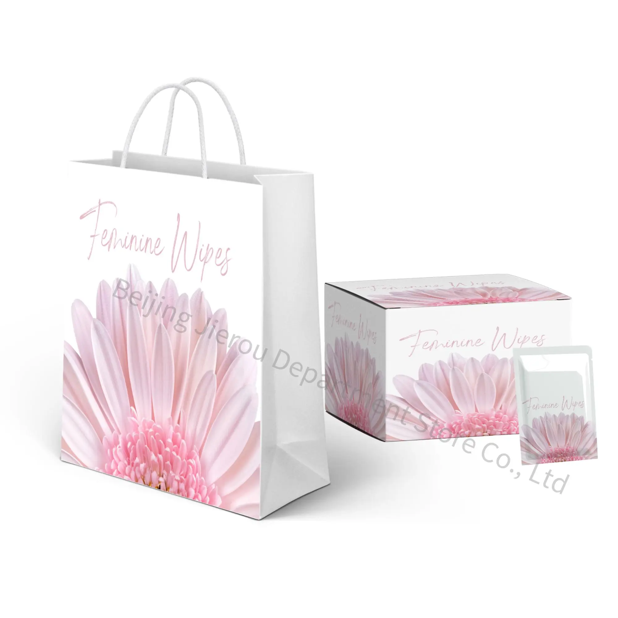 Wholesale private label customized 99.9% pure water feminine intimate hygiene wipes gift set with paper bags