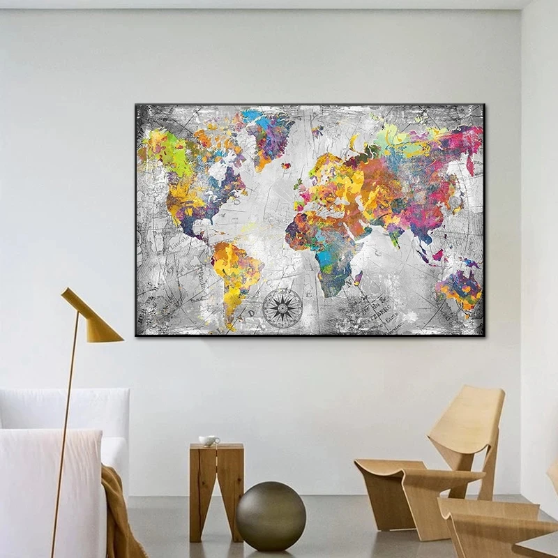 Abstract Colorful World Map Canvas Painting Wall Art Posters Home Decor Cuadros Custom Art Printing
