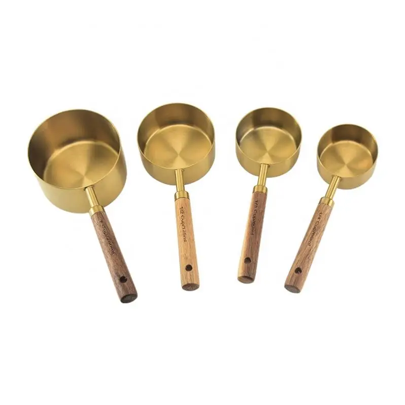 New Design Copper Measuring Cups Set Stainless Steel Measuring Cups And Spoons Set With Wood Handle