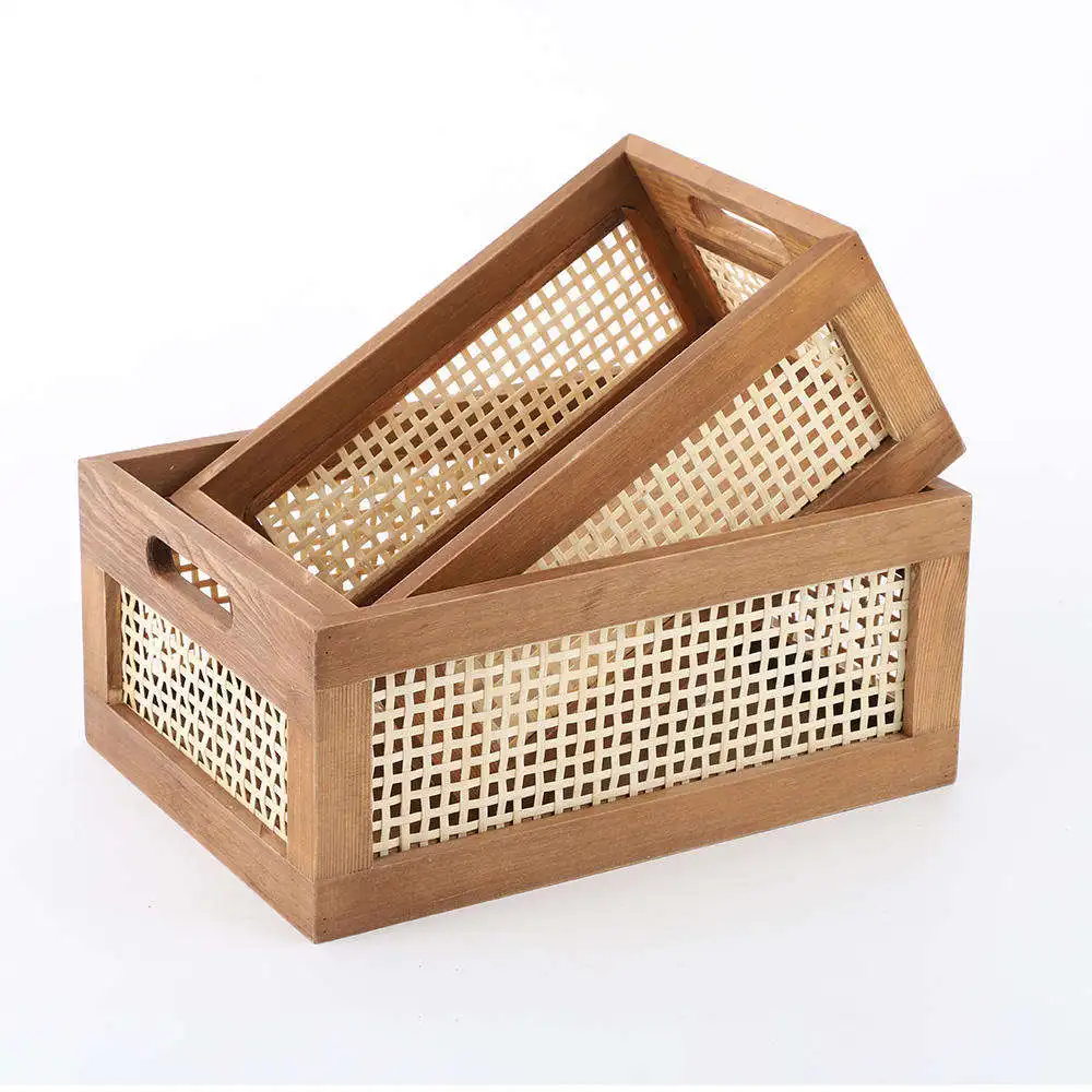 Office Supplies Wooden Desks Baskets Rectangular Rattan Woven Storage Basket Bamboo Storage Boxes