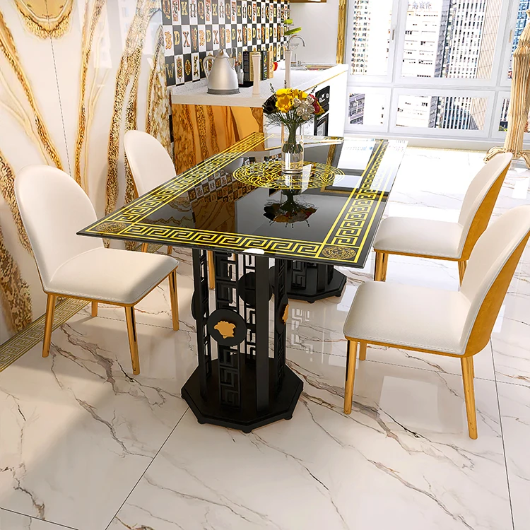 Mirrored modern style home dining table 6 seater tempered glass high glossy sintered stone Italian black and gold dining table