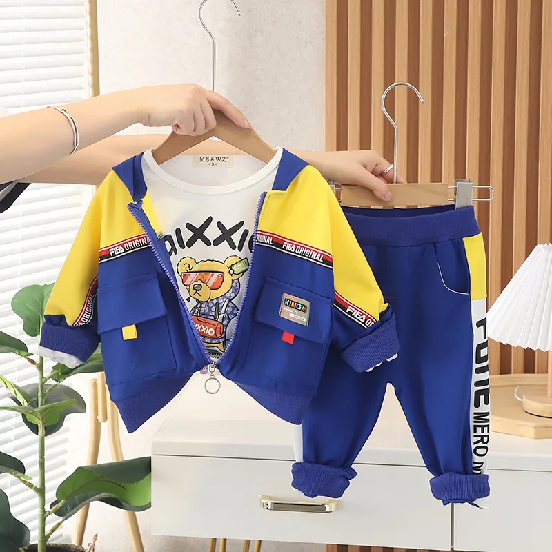 New Style Autumn Boys Long Sleeve Letter Printed Cargo Jacket Coat +cartoon T-shirt +pants 3 Pieces Clothing Set