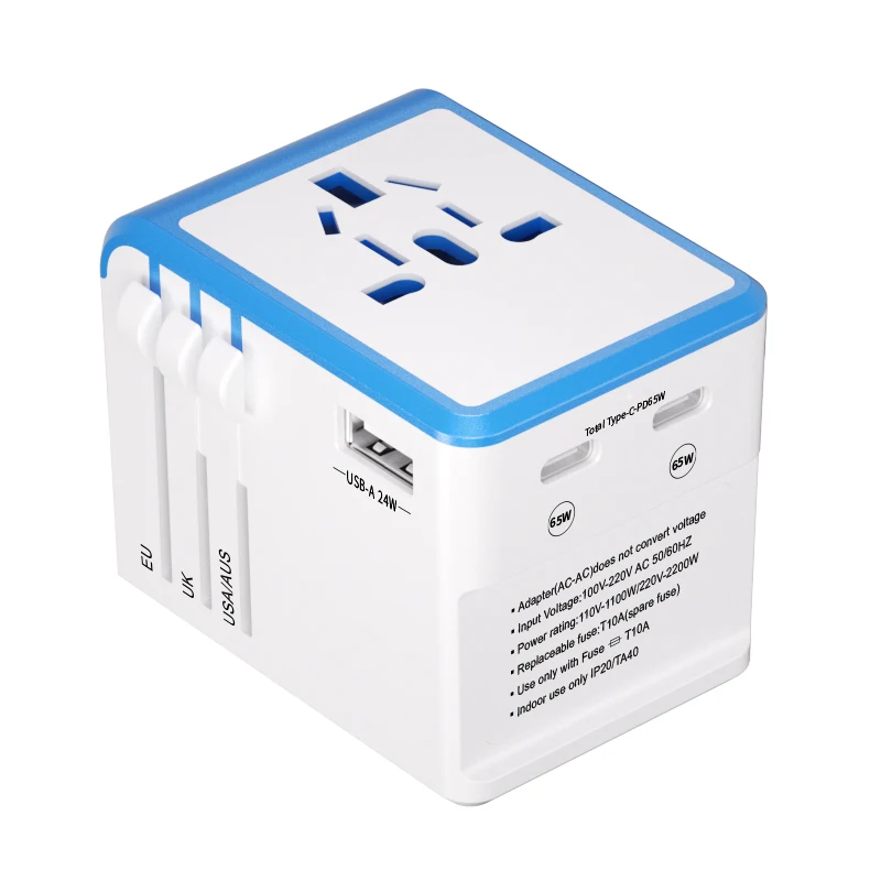 65W GaN Travel Plug Adapter with UK,EU,AU,US Plugs 2USB-C PD & 1USB-A QC Worldwide International Adapter Charger
