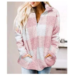 High Quality Woman Wool Plaid Coat Long Sleeve Warm Fleece Women Plaid Woolen Coat