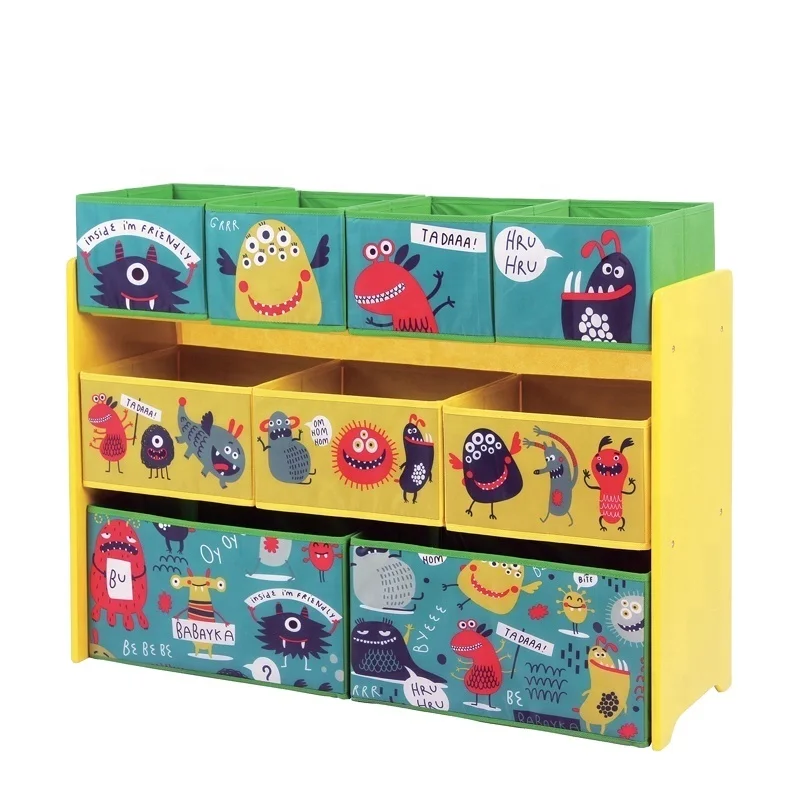 
Toffy & Friends Deluxe 9-Bin Toy Storage Organizer Wooden Toy Shelf with Fabric bins 
