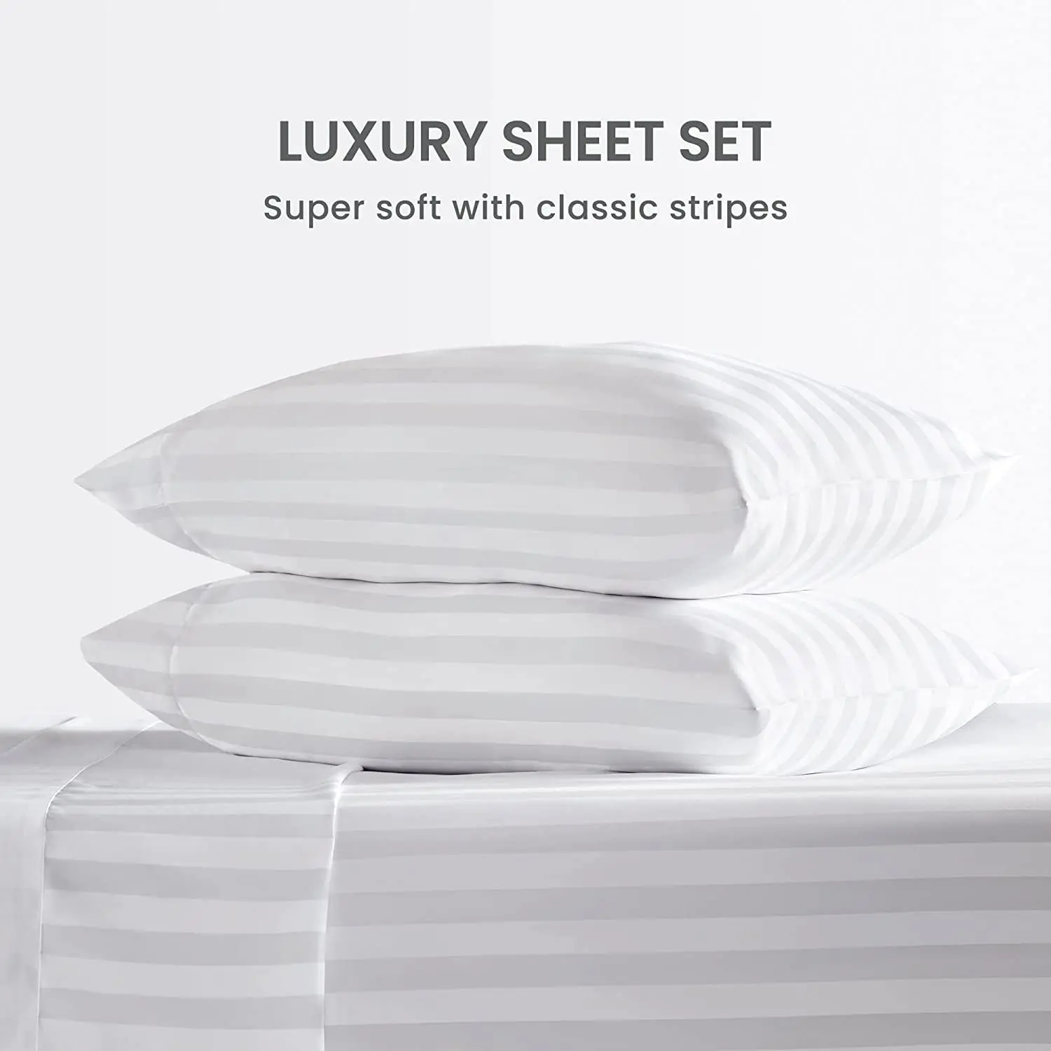 QSY Luxury 100% Cotton Sheets 1000TC 4 Pcs Extra Deep Pocket Bed Sheet Set Sateen Stripe
