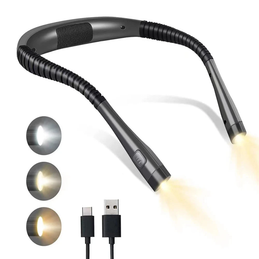 Long Lasting Flexible Arms Rechargeable LED Neck Reading Light Hands Free Brightness Adjustable Book Light for Reading in Bed