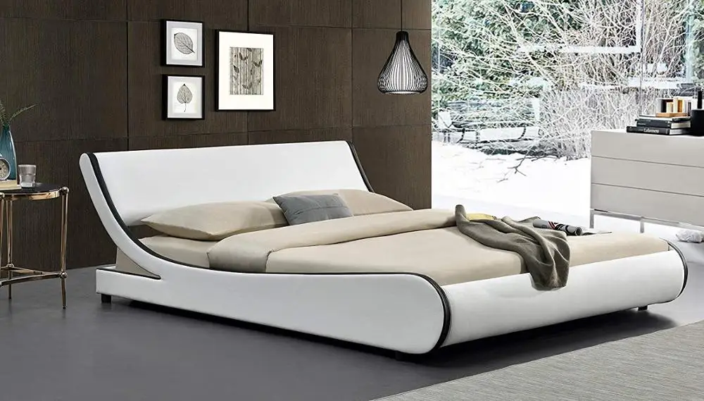 Modern Contemporary Wave Like Curve Upholstered Platform Bed Low Profile Naples faux leather bed frame