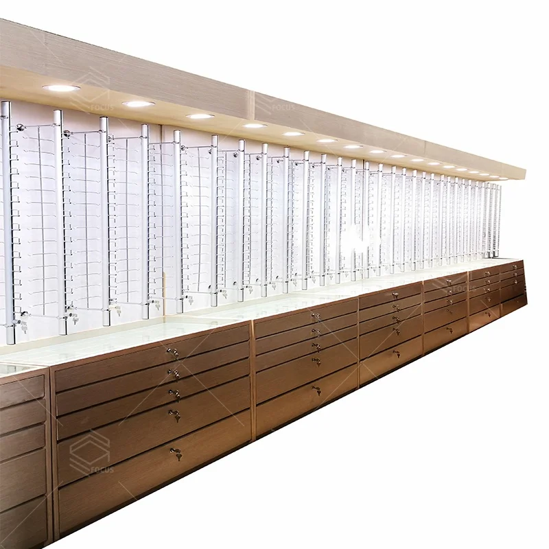 Wooden Eyeglasses store wall mounted display interior design for optical shop fancy optical shop design layout