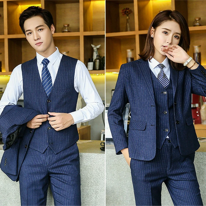 3 Piece Latest Style Women and Men Suit Design Business Stripe Slim Fit Women and Men Suit