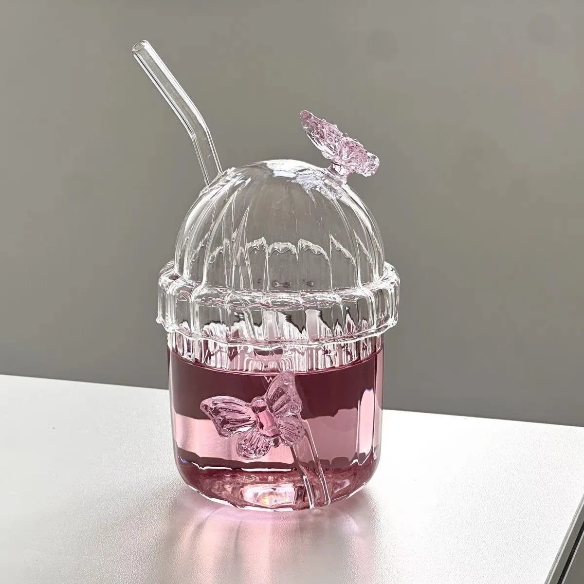 Nordic High Borosilicate Glass Cups Household Heat-resistant Drinking Cup Creative 3D Butterfly BOBO Straw Cup with Lid