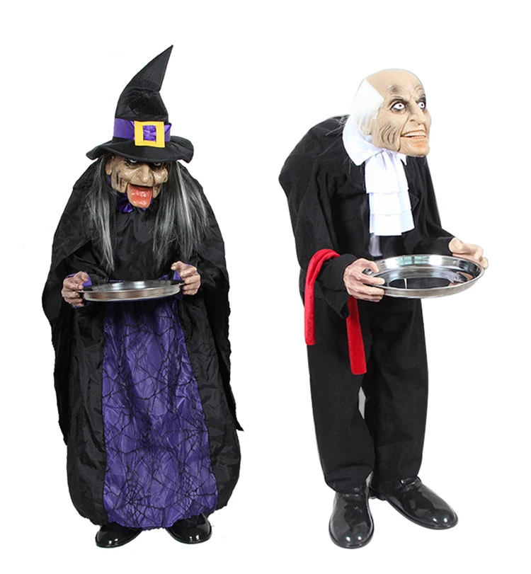 
Molezu Halloween Theme Party Voice Control Standing Housekeeper Witch And Old Man Haunted House Induction Props Prank Decoration 