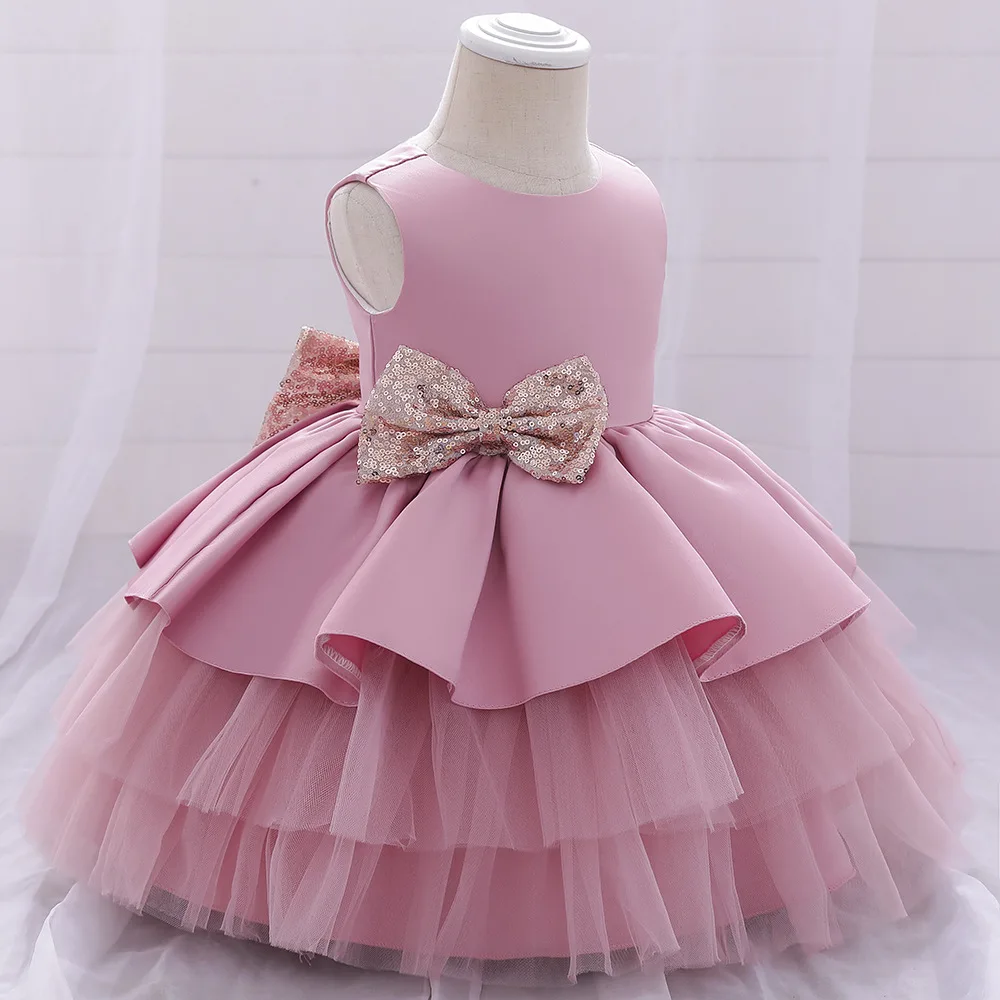 Boutique Princess Frock Dress Sequin Bow Backless Layering Baby Girl Birthday Party Dress Latest Hot Kids Clothing