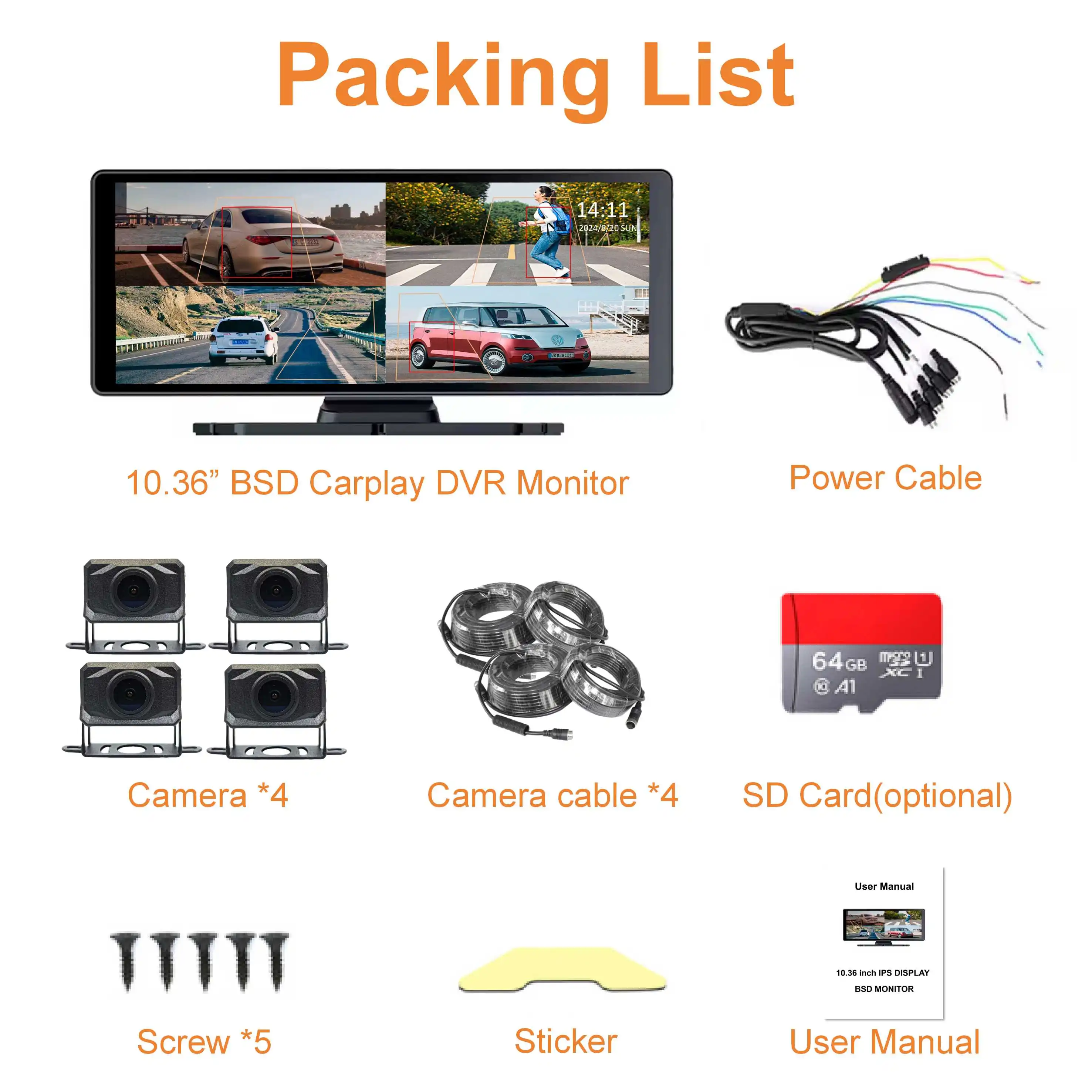 10 36 дюйма сенсорного экрана BSD Monitor 4CH 1080P Камера беспроводной CarPlay Android Auto Car Van Truck