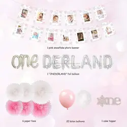 Winter Onederland Balloons 1st Birthday Decorations Pink First Birthday Party Supplies Snowflake Photo Banner Onderland Bannar