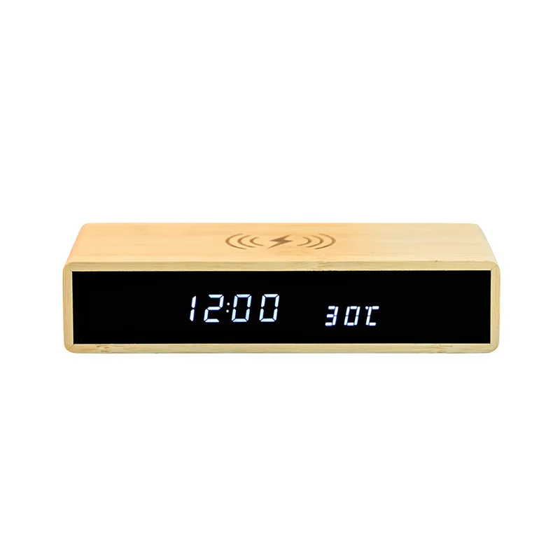 Bamboo wireless charging clock Creative electronic LED mirror clock bamboo wood wireless charging alarm clock