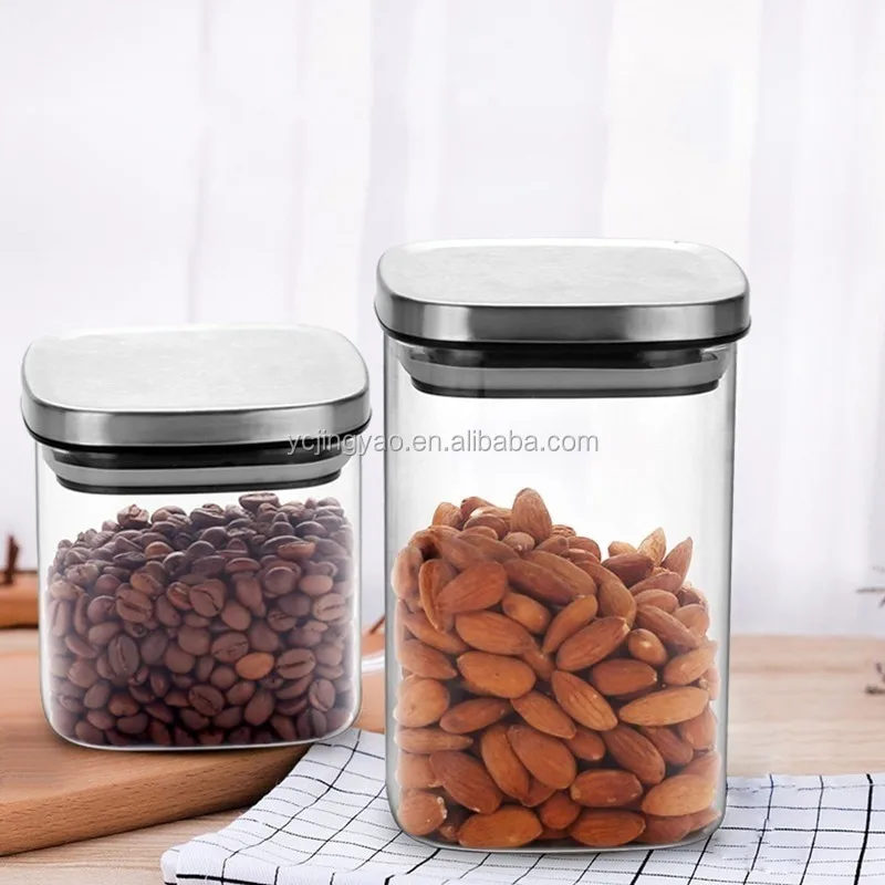 Square Glass Jars with Stainless Steel Lid for Spices Bulk Products Tea Coffee Container Set Sealed Cans Storage Box Canister