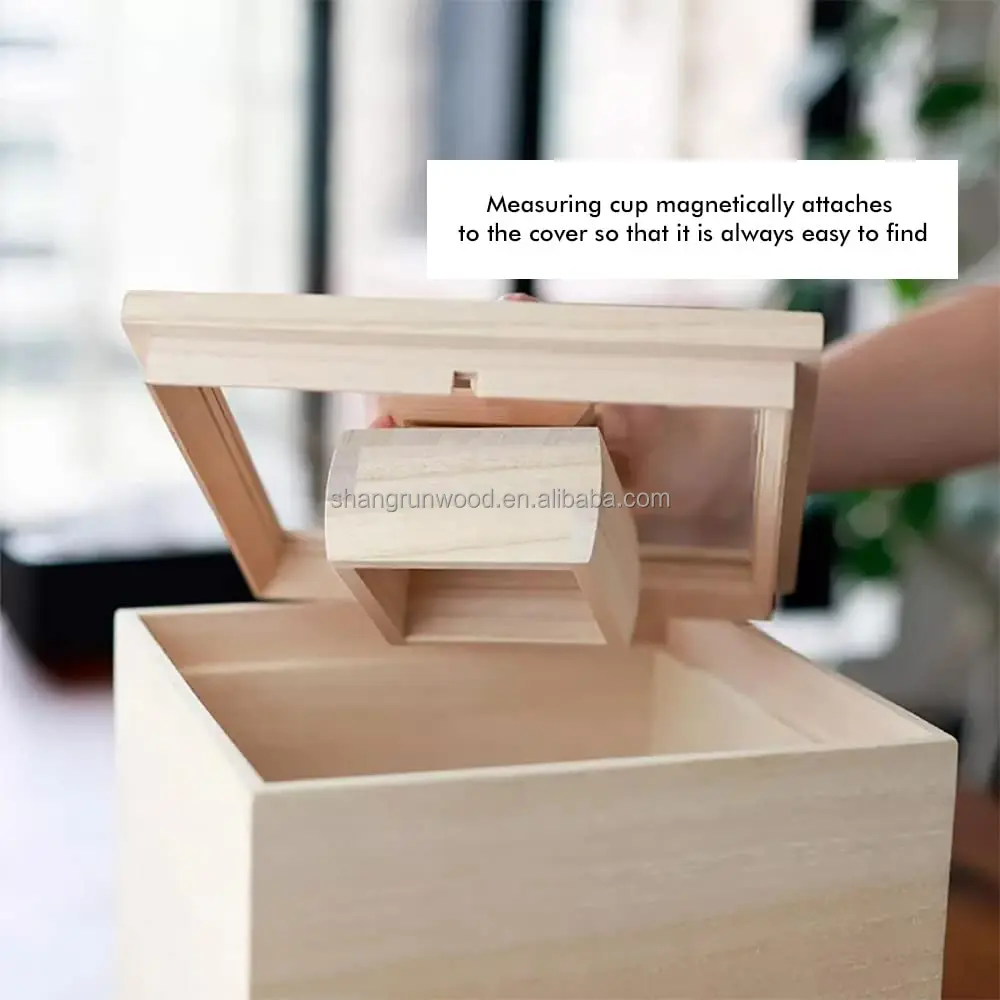 Wood Cube Box Laser Cut Large Size Wooden Rice Box Wooden Rice Storage Container With Lid And Measuring Cup