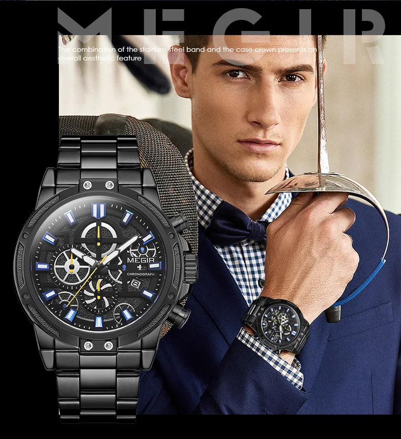 Люксовые часы от бренда MEGIR 2108 на каждый день из нержавеющей стали водонепроницаемые спортивные мужские наручные класса люкс кварцевые Военные Наручные Relogio