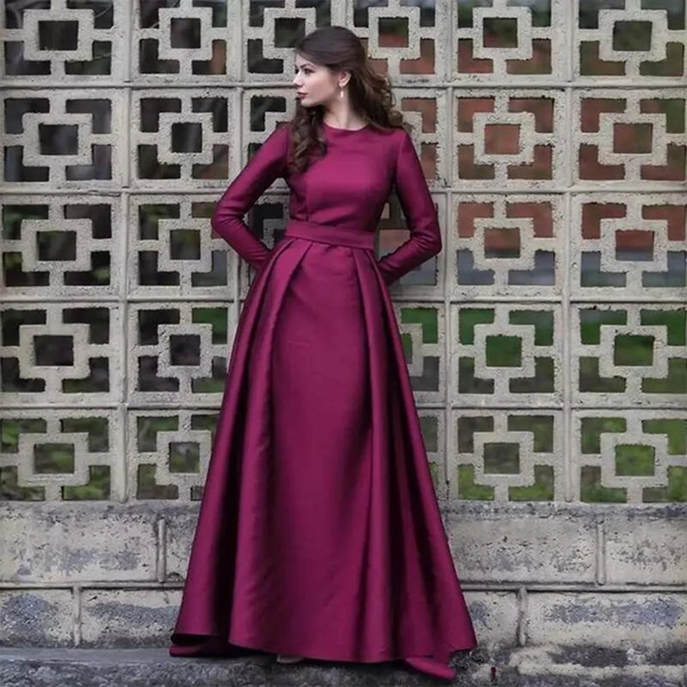 
ELPR0000657 2020 new purple bridesmaid dress long sleeve satin Muslim bridesmaid dress 